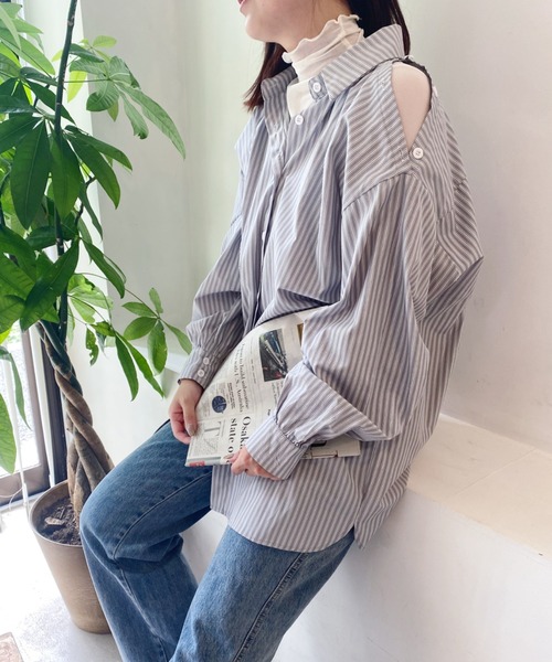 CLEA（クレア）の「オープンショルダー2WAYストライプボーイフレンドシャツ（シャツ/ブラウス・レディース・ブルー/グリーン・FREE）」の20枚目の写真