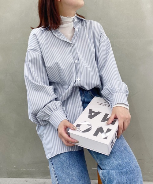 CLEA（クレア）の「オープンショルダー2WAYストライプボーイフレンドシャツ（シャツ/ブラウス・レディース・ブルー/グリーン・FREE）」の21枚目の写真