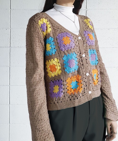 me+em select(ミームセレクト)の「パッチワーククロシェワイドカーディガン(カーディガン/ボレロ・レディース・ブラウン/ブラック/イエロー/ブルー/アイボリー・FREE)」の1枚目の写真