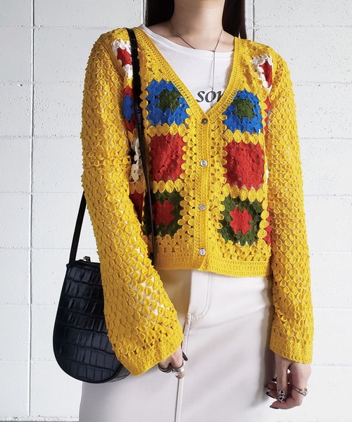 me+em select(ミームセレクト)の「パッチワーククロシェワイドカーディガン(カーディガン/ボレロ・レディース・ブラウン/ブラック/イエロー/ブルー/アイボリー・FREE)」の5枚目の写真