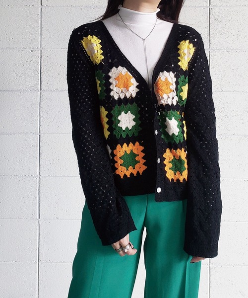 me+em select(ミームセレクト)の「パッチワーククロシェワイドカーディガン(カーディガン/ボレロ・レディース・ブラウン/ブラック/イエロー/ブルー/アイボリー・FREE)」の4枚目の写真