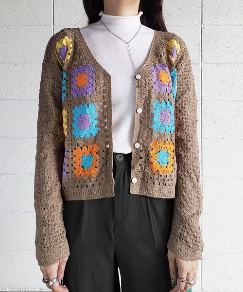 me+em select(ミームセレクト)の「パッチワーククロシェワイドカーディガン(カーディガン/ボレロ・レディース・ブラウン/ブラック/イエロー/ブルー/アイボリー・FREE)」の7枚目の写真