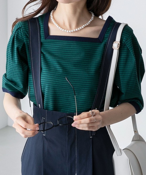 BONLECILL（ボンルシール）の「2way ミニボーダー リンガーパフスリーブプルオーバー クルーネック/スクエアネック（Tシャツ/カットソー・レディース・ブラック/ブラウン/レッド/ブルー/グリーン/イエロー・FREE）」の4枚目の写真