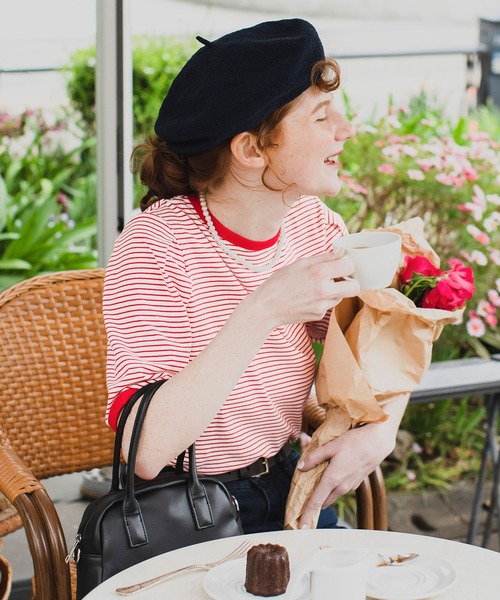 BONLECILL（ボンルシール）の「2way ミニボーダー リンガーパフスリーブプルオーバー クルーネック/スクエアネック（Tシャツ/カットソー・レディース・ブラック/ブラウン/レッド/ブルー/グリーン/イエロー・FREE）」の20枚目の写真