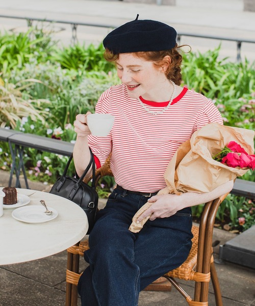 BONLECILL（ボンルシール）の「2way ミニボーダー リンガーパフスリーブプルオーバー クルーネック/スクエアネック（Tシャツ/カットソー・レディース・ブラック/ブラウン/レッド/ブルー/グリーン/イエロー・FREE）」の22枚目の写真