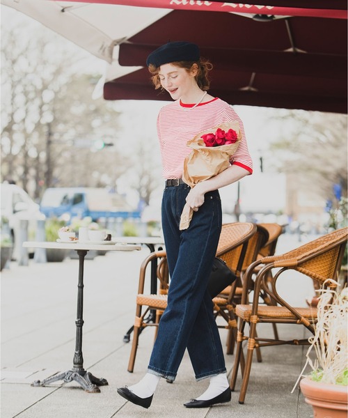 BONLECILL（ボンルシール）の「2way ミニボーダー リンガーパフスリーブプルオーバー クルーネック/スクエアネック（Tシャツ/カットソー・レディース・ブラック/ブラウン/レッド/ブルー/グリーン/イエロー・FREE）」の21枚目の写真