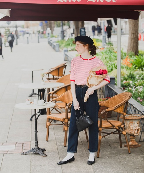 BONLECILL（ボンルシール）の「2way ミニボーダー リンガーパフスリーブプルオーバー クルーネック/スクエアネック（Tシャツ/カットソー・レディース・ブラック/ブラウン/レッド/ブルー/グリーン/イエロー・FREE）」の15枚目の写真