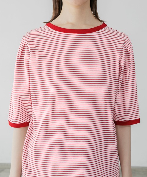 BONLECILL（ボンルシール）の「2way ミニボーダー リンガーパフスリーブプルオーバー クルーネック/スクエアネック（Tシャツ/カットソー・レディース・ブラック/ブラウン/レッド/ブルー/グリーン/イエロー・FREE）」の7枚目の写真