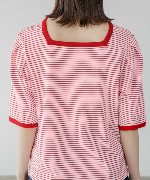 BONLECILL（ボンルシール）の「2way ミニボーダー リンガーパフスリーブプルオーバー クルーネック/スクエアネック（Tシャツ/カットソー・レディース・ブラック/ブラウン/レッド/ブルー/グリーン/イエロー・FREE）」の10枚目の写真