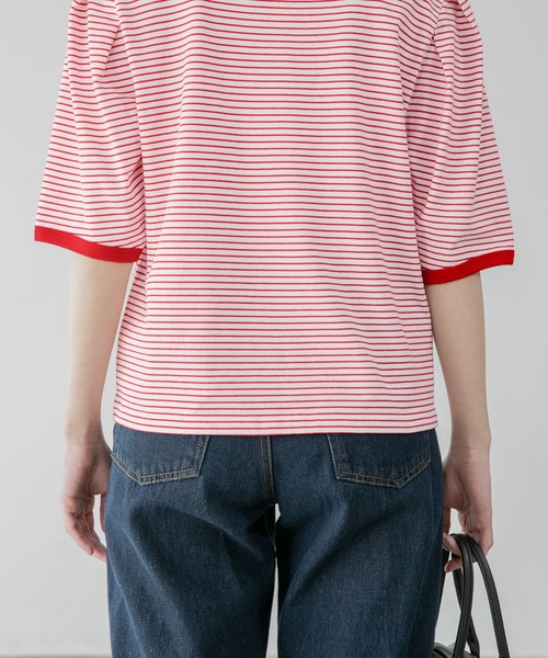 BONLECILL（ボンルシール）の「2way ミニボーダー リンガーパフスリーブプルオーバー クルーネック/スクエアネック（Tシャツ/カットソー・レディース・ブラック/ブラウン/レッド/ブルー/グリーン/イエロー・FREE）」の11枚目の写真