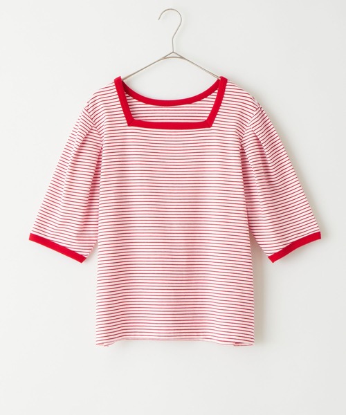 BONLECILL（ボンルシール）の「2way ミニボーダー リンガーパフスリーブプルオーバー クルーネック/スクエアネック（Tシャツ/カットソー・レディース・ブラック/ブラウン/レッド/ブルー/グリーン/イエロー・FREE）」の12枚目の写真