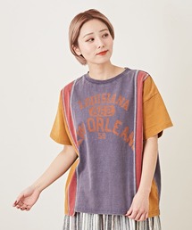 CUBE SUGAR（キューブシュガー）の「天竺パウダー加工リメイク風カレッジロゴ半袖Tシャツ（Tシャツ/カットソー）」