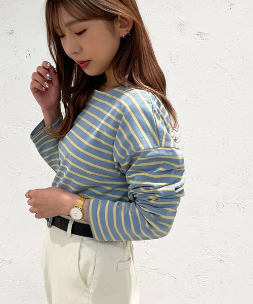 apres jour mignon(アプレジュールミニョン)の「ボーダートップス【ZOZOTOWN限定アイテム】(Tシャツ/カットソー・レディース・ブルー系その他/パープル系その他/グリーン系その他/杢グレー/ピンク系その他/オフホワイト・フリー/X-LARGE)」の5枚目の写真