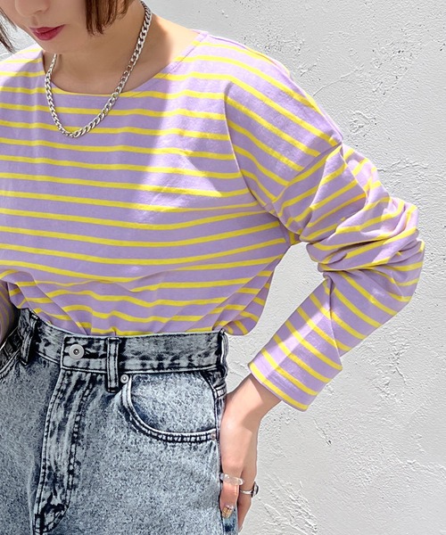 apres jour mignon(アプレジュールミニョン)の「ボーダートップス【ZOZOTOWN限定アイテム】(Tシャツ/カットソー・レディース・ブルー系その他/パープル系その他/グリーン系その他/杢グレー/ピンク系その他/オフホワイト・フリー/X-LARGE)」の6枚目の写真