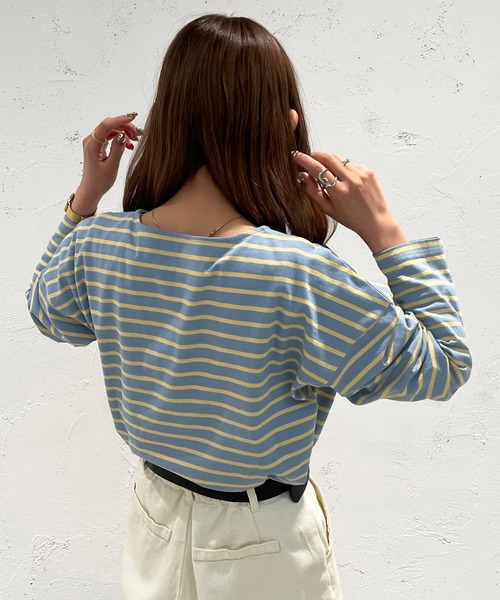 apres jour mignon(アプレジュールミニョン)の「ボーダートップス【ZOZOTOWN限定アイテム】(Tシャツ/カットソー・レディース・ブルー系その他/パープル系その他/グリーン系その他/杢グレー/ピンク系その他/オフホワイト・フリー/X-LARGE)」の9枚目の写真