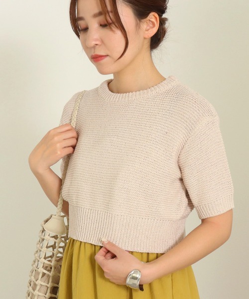 AULI（アウリィ）の「【低身長向けサイズ】ショート丈半袖ニットプルオーバー（ニット/セーター・レディース・オレンジ/グリーン/ライトベージュ・S）」の2枚目の写真