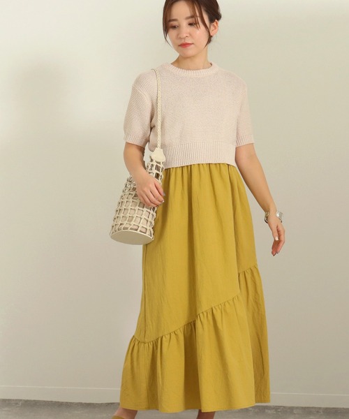 AULI（アウリィ）の「【低身長向けサイズ】ショート丈半袖ニットプルオーバー（ニット/セーター・レディース・オレンジ/グリーン/ライトベージュ・S）」の4枚目の写真