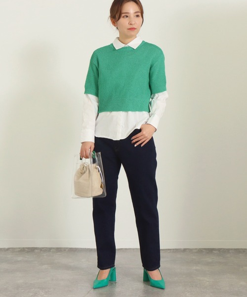 AULI（アウリィ）の「【低身長向けサイズ】ショート丈半袖ニットプルオーバー（ニット/セーター・レディース・オレンジ/グリーン/ライトベージュ・S）」の13枚目の写真