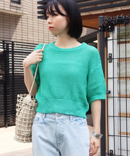 AULI（アウリィ）の「【低身長向けサイズ】ショート丈半袖ニットプルオーバー（ニット/セーター・レディース・オレンジ/グリーン/ライトベージュ・S）」の20枚目の写真