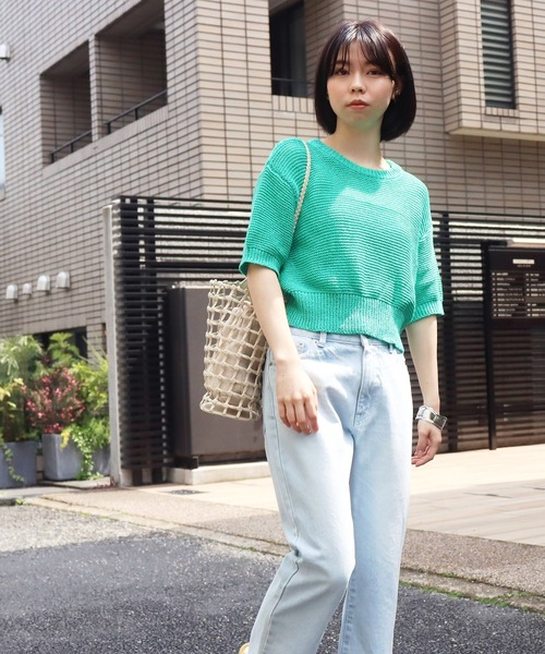 AULI（アウリィ）の「【低身長向けサイズ】ショート丈半袖ニットプルオーバー（ニット/セーター・レディース・オレンジ/グリーン/ライトベージュ・S）」の21枚目の写真