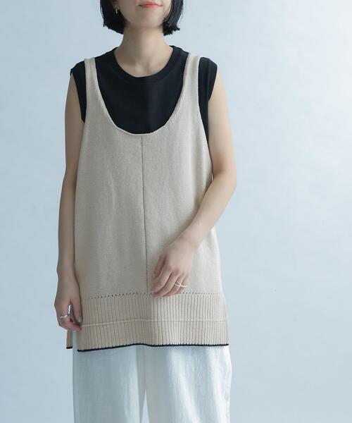 FORK&SPOON（フォークアンドスプーン）の「FORK&SPOON　リネン混ニットタンクトップ（タンクトップ・レディース・ベージュ/ブラック・1）」の2枚目の写真