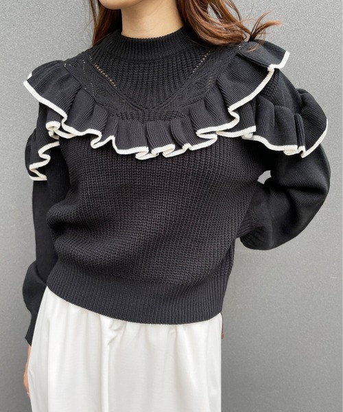 Meli rich（メリーリッチ）の「トレンドライクに。ヨークフリルバイカラーニット（ニット/セーター・レディース・ブラック/グリーン/アイボリー・MEDIUM）」の3枚目の写真