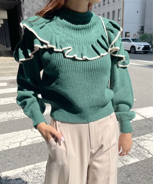 Meli rich（メリーリッチ）の「トレンドライクに。ヨークフリルバイカラーニット（ニット/セーター・レディース・ブラック/グリーン/アイボリー・MEDIUM）」の21枚目の写真