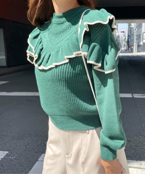 Meli rich（メリーリッチ）の「トレンドライクに。ヨークフリルバイカラーニット（ニット/セーター・レディース・ブラック/グリーン/アイボリー・MEDIUM）」の18枚目の写真