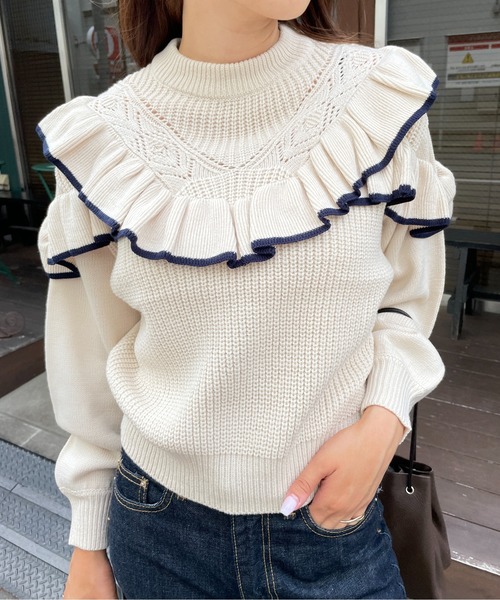 Meli rich（メリーリッチ）の「トレンドライクに。ヨークフリルバイカラーニット（ニット/セーター・レディース・ブラック/グリーン/アイボリー・MEDIUM）」の12枚目の写真