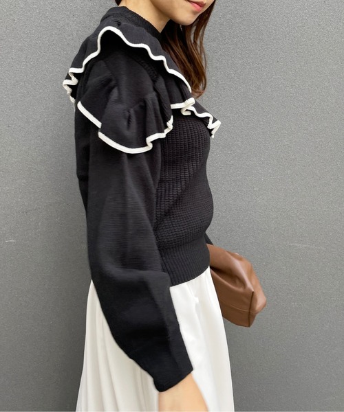 Meli rich（メリーリッチ）の「トレンドライクに。ヨークフリルバイカラーニット（ニット/セーター・レディース・ブラック/グリーン/アイボリー・MEDIUM）」の16枚目の写真