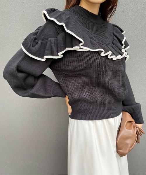 Meli rich（メリーリッチ）の「トレンドライクに。ヨークフリルバイカラーニット（ニット/セーター・レディース・ブラック/グリーン/アイボリー・MEDIUM）」の19枚目の写真