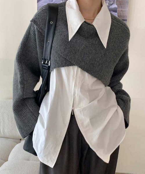 Vipoa(ヴィポア)の「クロスラップショートニット(ニット/セーター・レディース・ブラック/ベージュ/グレー/アイボリー/ブルー・FREE)」の11枚目の写真