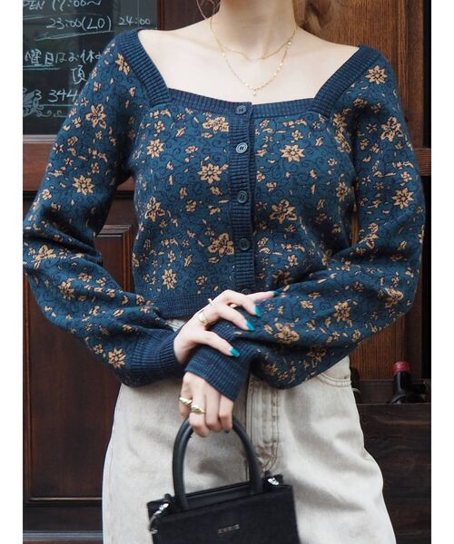 EVRIS（エヴリス）の「フロントボタンフラワージャガードニットトプス（ニット/セーター・レディース・グリーン/ブラック・FREE）」の14枚目の写真