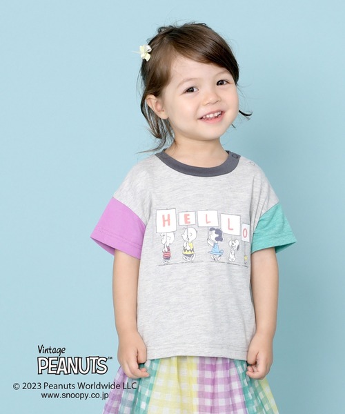 Vintage PEANUTS(ビンテージピーナッツ)の「PEANUTS/スヌーピーコラボ 袖配色半袖Tシャツ(100~130cm)(Tシャツ/カットソー・キッズ・杢グレー/ベージュ・110cm/100cm/130cm/120cm)」の1枚目の写真