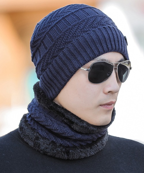 メンズ 裏起毛リブニット帽+スヌード 2点セット（ニットキャップ