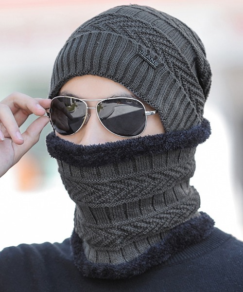 セール】メンズ 裏起毛リブニット帽+スヌード 2点セット（ニット