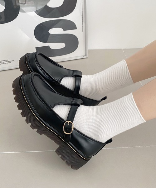 Shoes in Closet（シューズインクローゼット）の「厚底 タンクソール ステッチ入り T字 ストラップ ローファー 1894（ローファー・レディース・ブラック系その他/ブラック・L/M/4L/XS/S/LL/3L）」の17枚目の写真