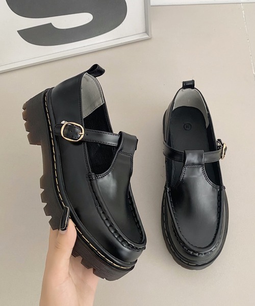 セール】厚底 タンクソール ステッチ入り T字 ストラップ ローファー