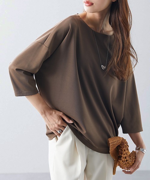 nissen（ニッセン）の「ポンチ素材　７分袖ボートネックコクーンプルオーバー（Tシャツ/カットソー・レディース・オフホワイト/ブラウン/グレイッシュベージュ/ブラック・M/S/L/LL）」の3枚目の写真