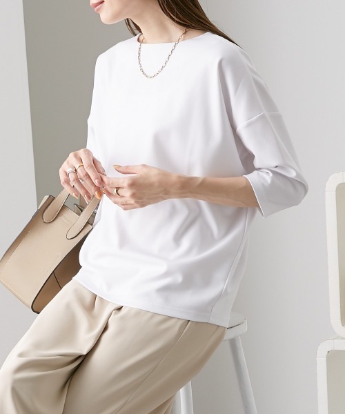 nissen（ニッセン）の「ポンチ素材　７分袖ボートネックコクーンプルオーバー（Tシャツ/カットソー・レディース・オフホワイト/ブラウン/グレイッシュベージュ/ブラック・M/S/L/LL）」の2枚目の写真