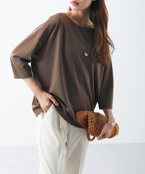 nissen（ニッセン）の「ポンチ素材　７分袖ボートネックコクーンプルオーバー（Tシャツ/カットソー・レディース・オフホワイト/ブラウン/グレイッシュベージュ/ブラック・M/S/L/LL）」の5枚目の写真