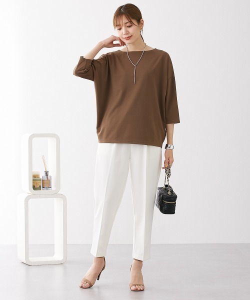 nissen（ニッセン）の「ポンチ素材　７分袖ボートネックコクーンプルオーバー（Tシャツ/カットソー・レディース・オフホワイト/ブラウン/グレイッシュベージュ/ブラック・M/S/L/LL）」の7枚目の写真