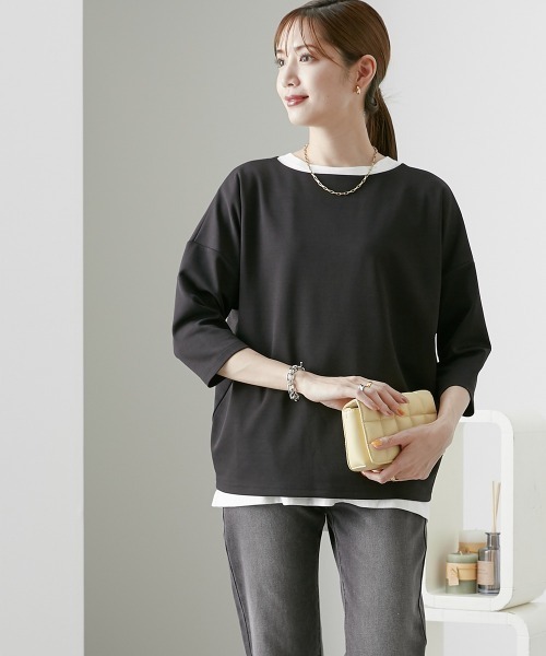 nissen（ニッセン）の「ポンチ素材　７分袖ボートネックコクーンプルオーバー（Tシャツ/カットソー・レディース・オフホワイト/ブラウン/グレイッシュベージュ/ブラック・M/S/L/LL）」の15枚目の写真