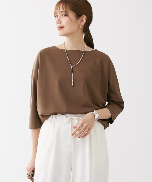 nissen（ニッセン）の「ポンチ素材　７分袖ボートネックコクーンプルオーバー（Tシャツ/カットソー・レディース・オフホワイト/ブラウン/グレイッシュベージュ/ブラック・M/S/L/LL）」の6枚目の写真