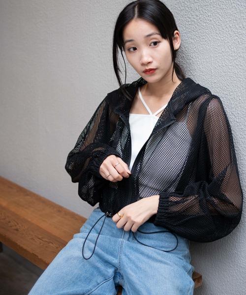 WEGO（ウィゴー）の「WEGO/メッシュパーカー（パーカー・レディース・ブラック/オフホワイト・FREE）」の2枚目の写真