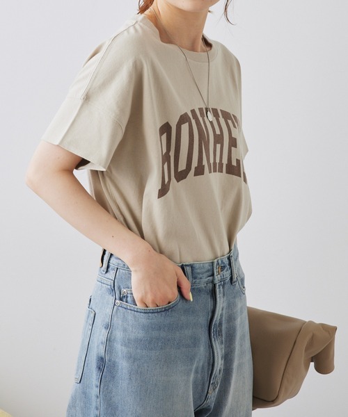 PUAL CE CIN(ピュアルセシン)の「カレッジロゴ ラウンドTシャツ(Tシャツ/カットソー・レディース・オフホワイト/スミクロ/ベージュ・FREE)」の11枚目の写真