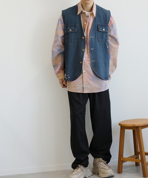 セール】HOOK -original- レトロ調花刺繍vネックデニムベスト（ベスト