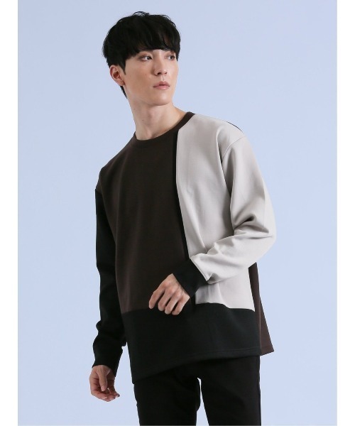 semantic design(セマンティックデザイン)の「【ストレッチ】セマンティックデザイン ダンボール 配色切替 長袖プルオーバー(Tシャツ/カットソー・メンズ・ライトグレー/グリーン/チョコ・MEDIUM/LARGE)」の3枚目の写真