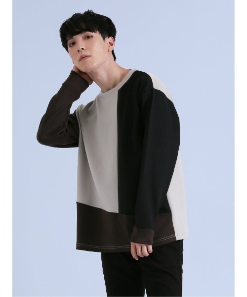 semantic design(セマンティックデザイン)の「【ストレッチ】セマンティックデザイン ダンボール 配色切替 長袖プルオーバー(Tシャツ/カットソー・メンズ・ライトグレー/グリーン/チョコ・MEDIUM/LARGE)」の2枚目の写真