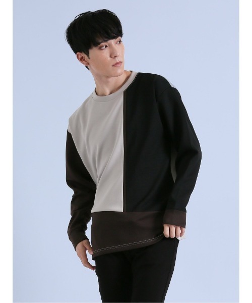 semantic design(セマンティックデザイン)の「【ストレッチ】セマンティックデザイン ダンボール 配色切替 長袖プルオーバー(Tシャツ/カットソー・メンズ・ライトグレー/グリーン/チョコ・MEDIUM/LARGE)」の7枚目の写真